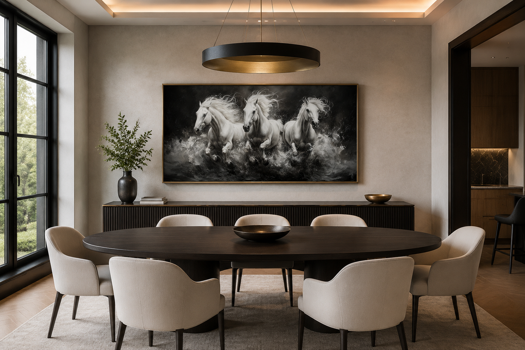 Three white horses running framed canvas wall art above a dining table in a modern room.