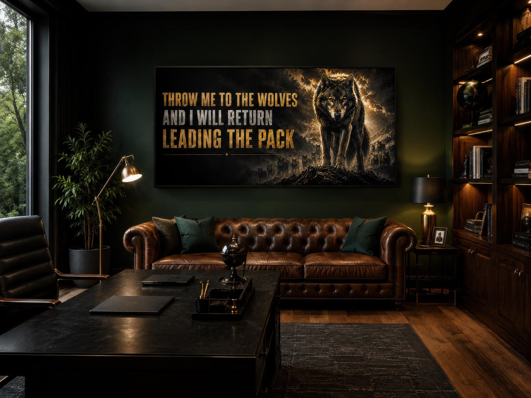 Throw Me To The Wolves motivational canvas art in a dark, sophisticated home office setting.