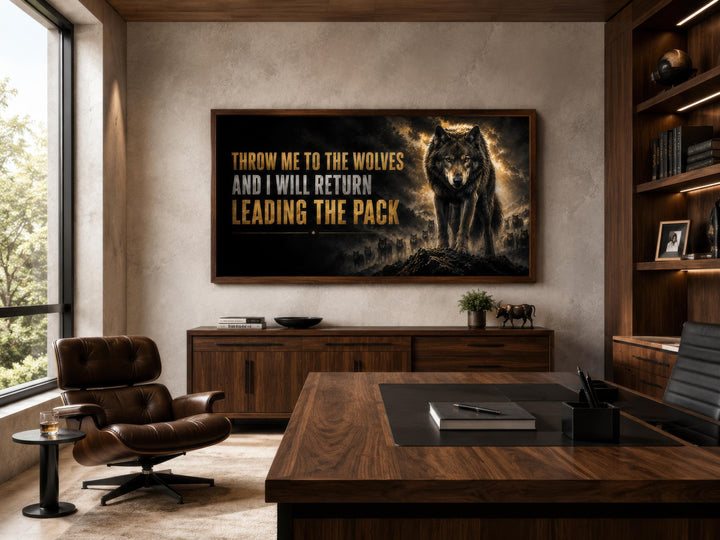 Throw Me To The Wolves motivational canvas wall art in a dark, modern home office setting.