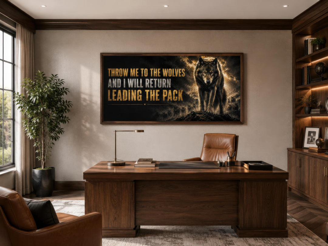 Motivational wolf wall art with quote above a wooden desk in a sophisticated home office.