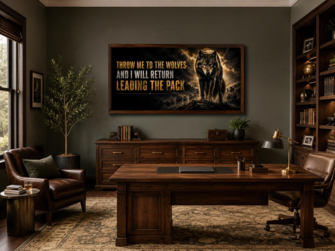 Throw Me To The Wolves motivational wall art in a dark, masculine home office with leather chairs.