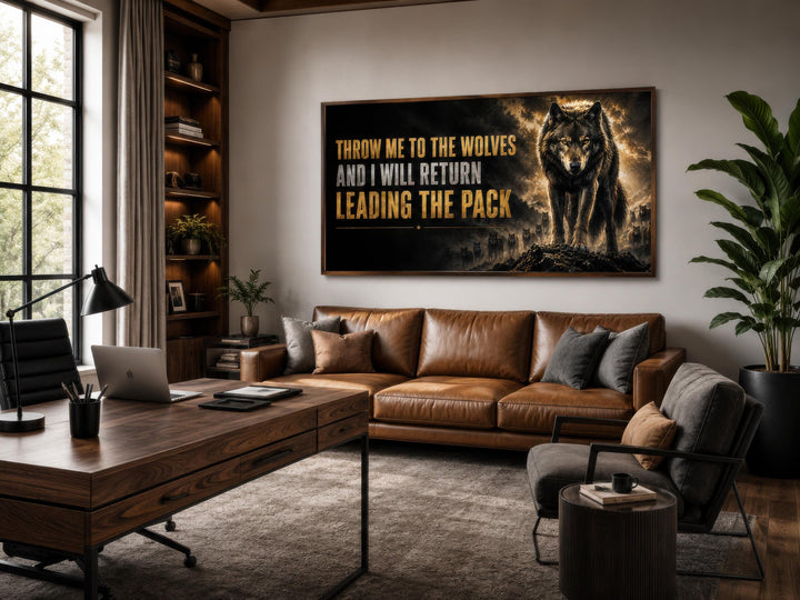 Throw Me To The Wolves wall art featuring a wolf and motivational quote in a modern home office.