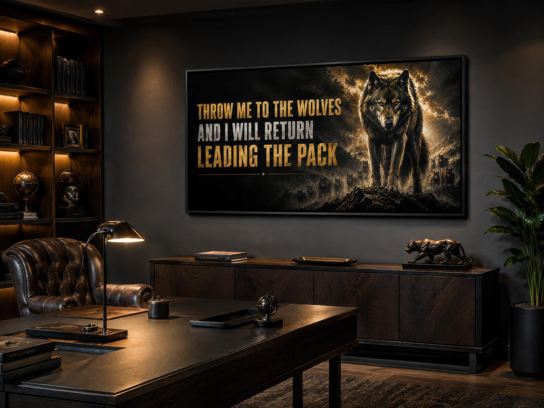 Throw Me To The Wolves motivational canvas art in a dark, masculine office with a leather chair.