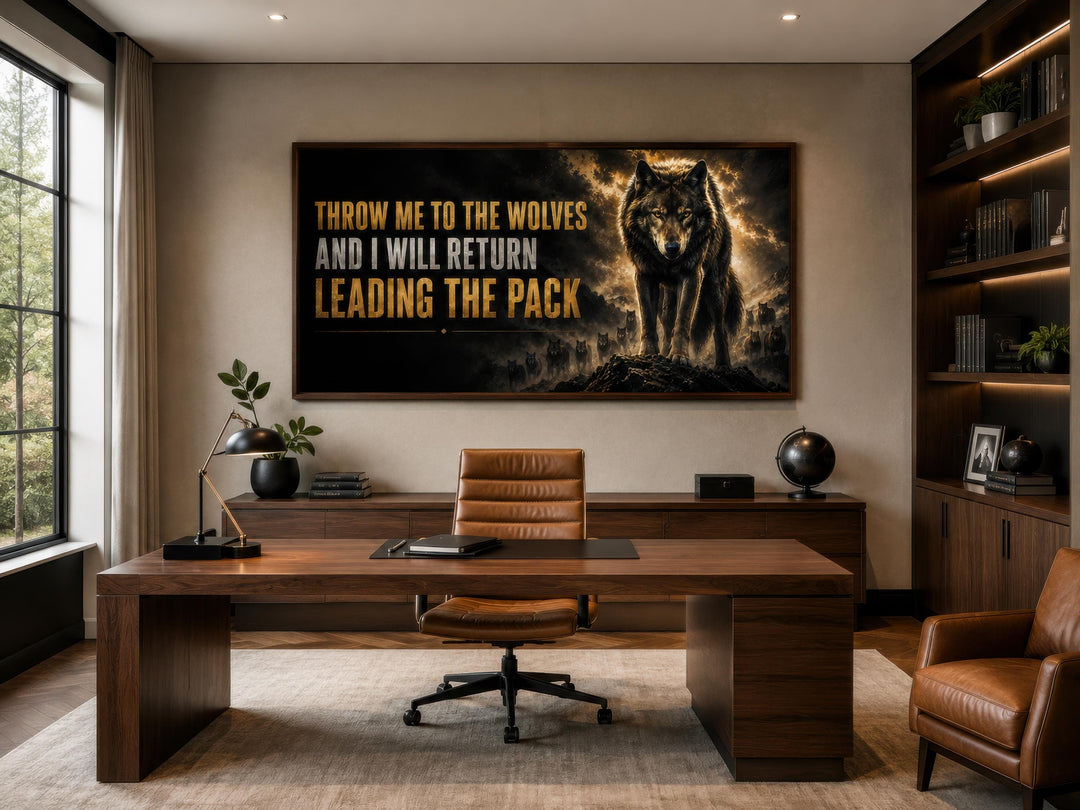 Throw Me To The Wolves wall art in a dark office with a wooden desk and leather chair.