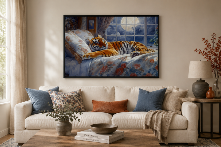 Framed canvas wall art of a tiger sleeping in a bed by a moonlit window above a cream sofa.