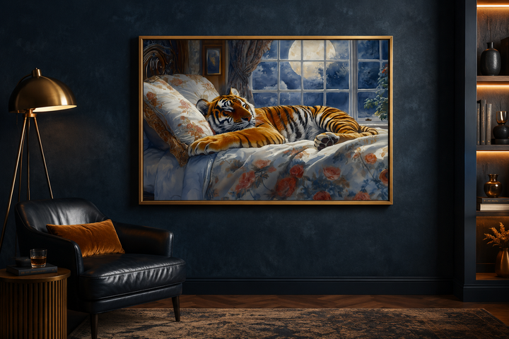 Framed canvas wall art of a tiger sleeping in a bed by a moonlit window in a dark blue room.