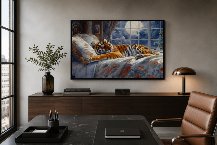 Framed canvas wall art of a tiger sleeping in a bed by a moonlit window in a modern office setting.