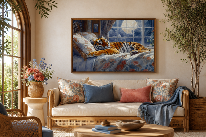 Framed canvas wall art of a tiger sleeping in a bed by a moonlit window above a sofa.