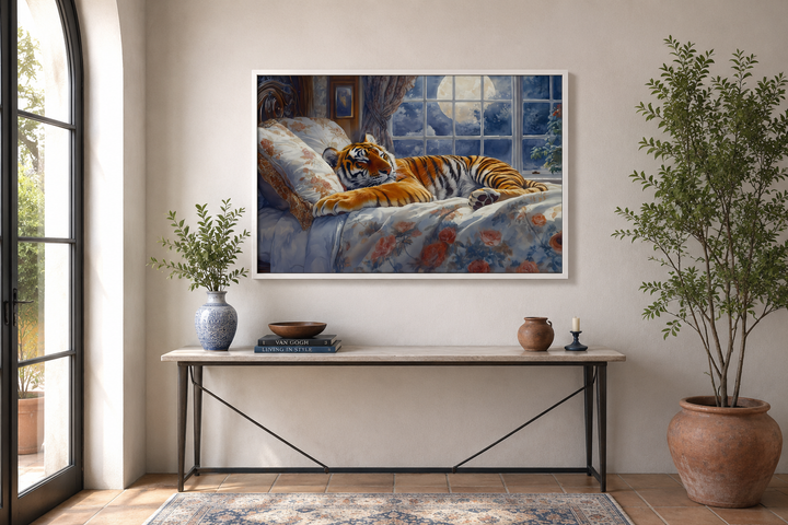 Framed canvas wall art of a tiger sleeping in a bed by a moonlit window above a console table.