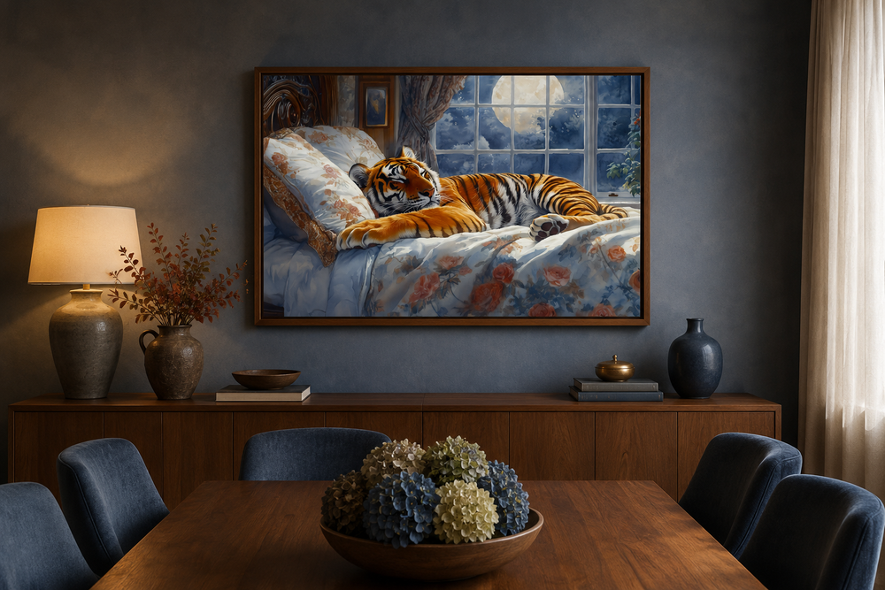 Framed canvas wall art of a tiger sleeping in a bed by a moonlit window in a dining room setting.