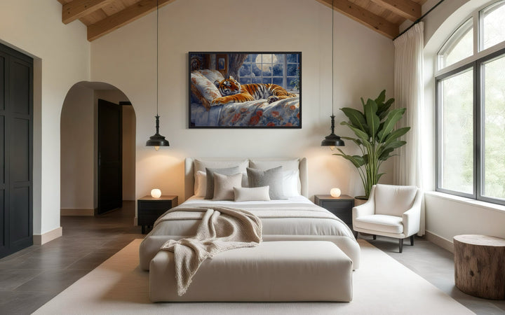 Framed canvas wall art of a tiger sleeping in a bed by a moonlit window above a modern bed.