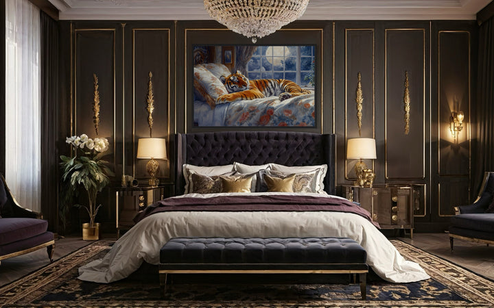 Framed canvas wall art of a tiger sleeping in a bed by a moonlit window in a dark bedroom.
