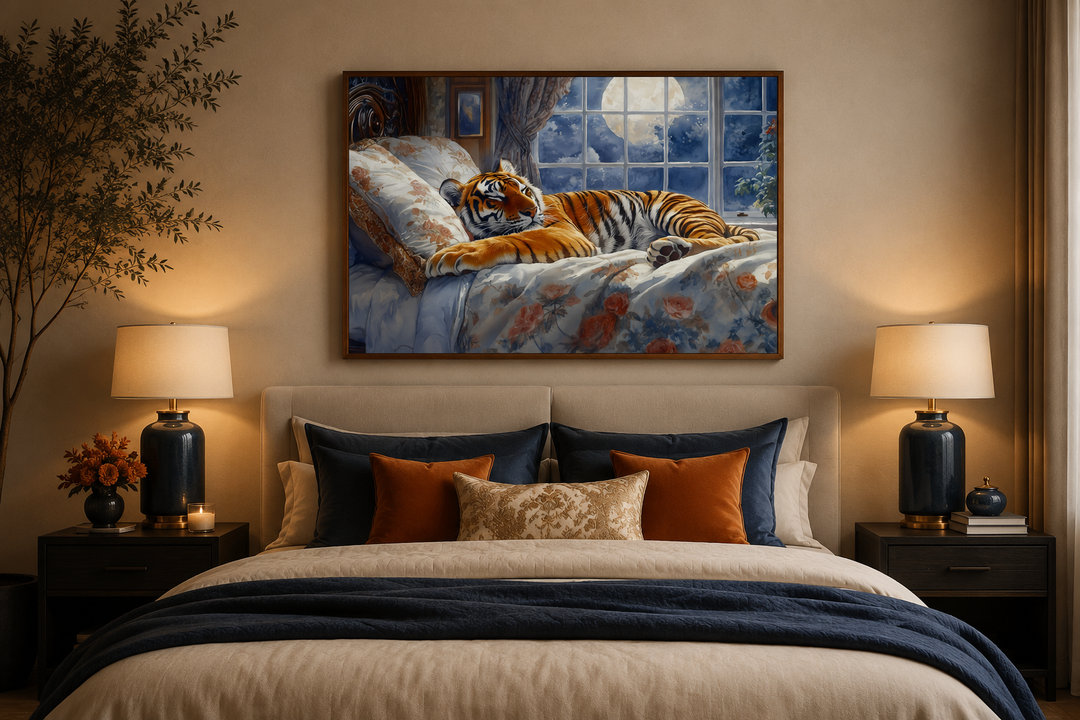 Framed canvas wall art of a tiger sleeping in a bed by a moonlit window above a bedroom headboard.