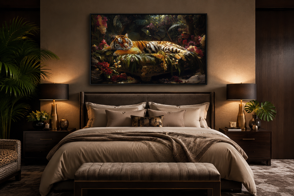 Framed canvas wall art of a tiger sleeping in a lush jungle, hanging above a bed in a bedroom.