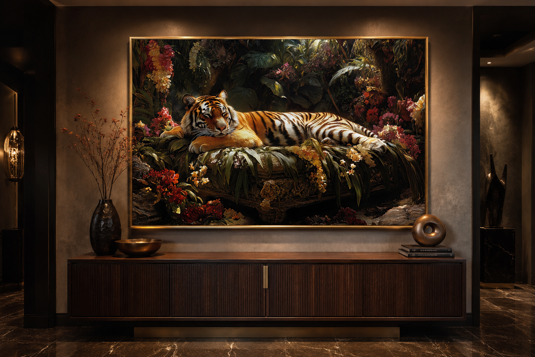 Framed canvas wall art of a tiger sleeping in a lush jungle, displayed above a dark wood sideboard.