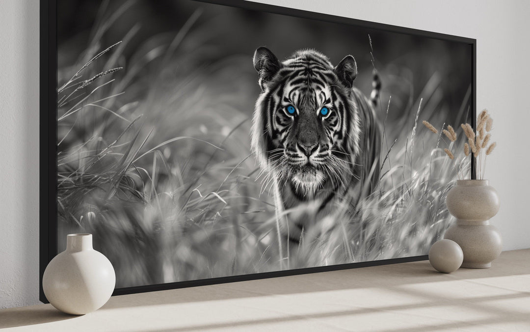 Tiger Wall Art - Black White Art Framed Canvas | Blue Eyes Tiger Print