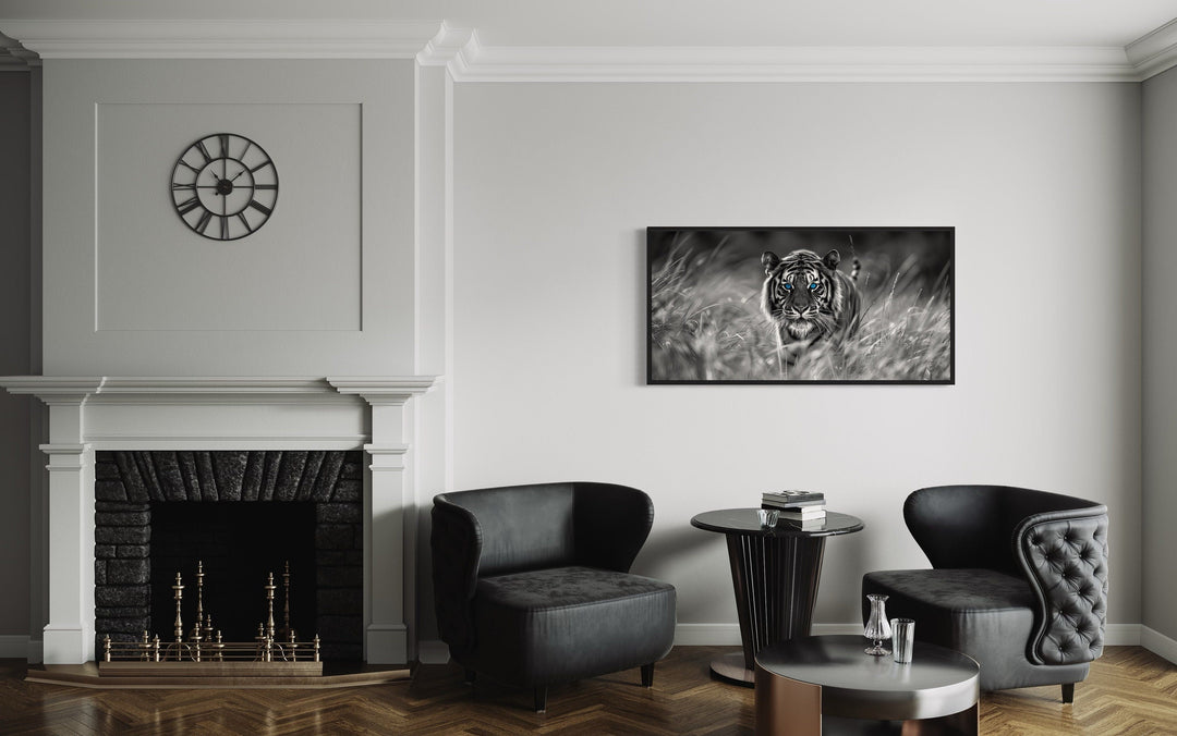 Tiger Wall Art - Black White Art Framed Canvas | Blue Eyes Tiger Print