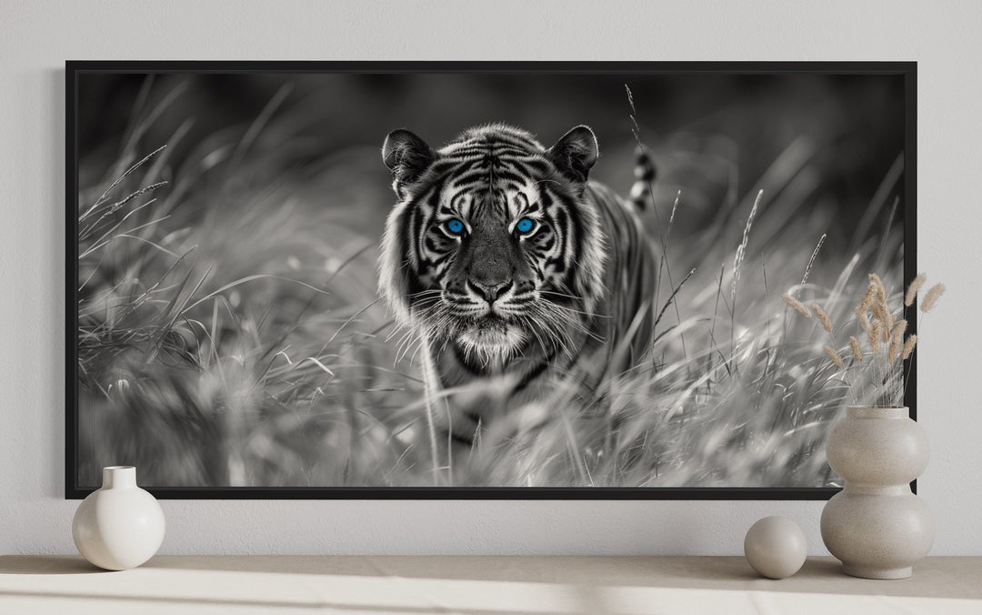 Tiger Wall Art - Black White Art Framed Canvas | Blue Eyes Tiger Print