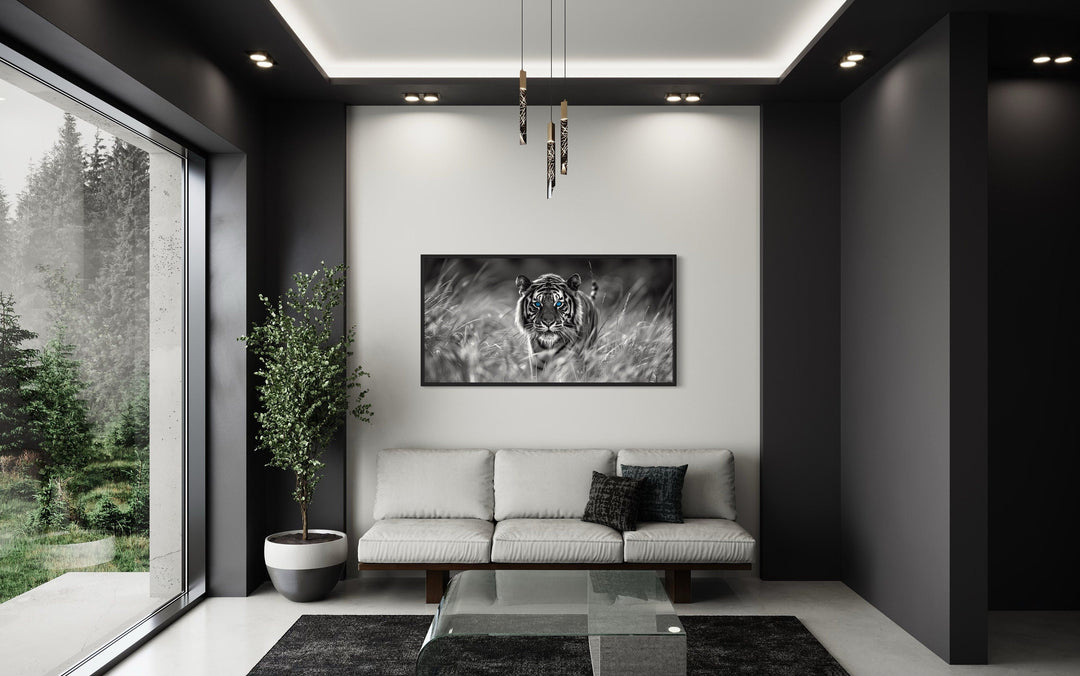 Tiger Wall Art - Black White Art Framed Canvas | Blue Eyes Tiger Print