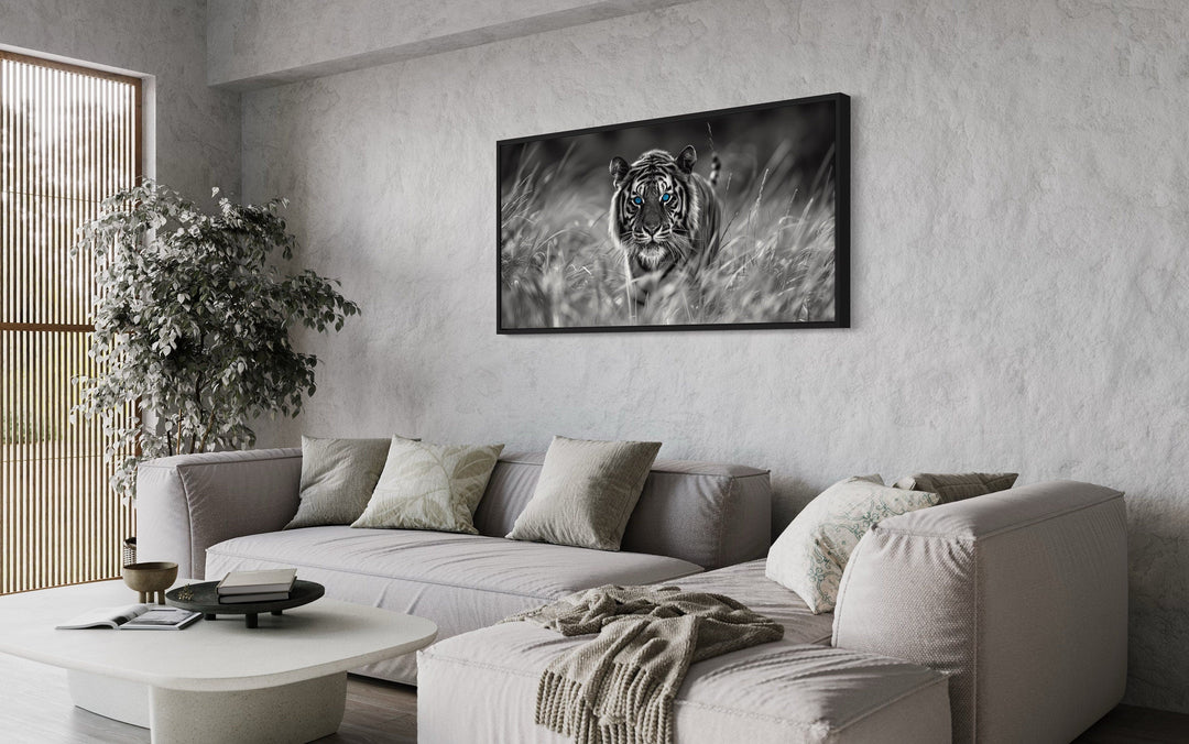 Tiger Wall Art - Black White Art Framed Canvas | Blue Eyes Tiger Print