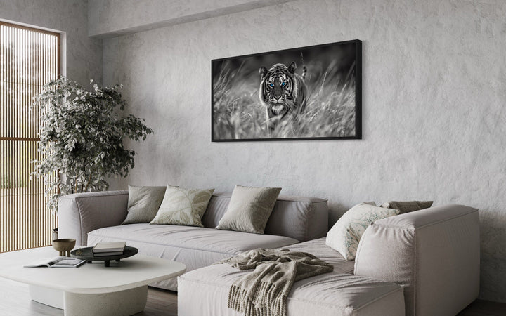 Tiger Wall Art - Black White Art Framed Canvas | Blue Eyes Tiger Print
