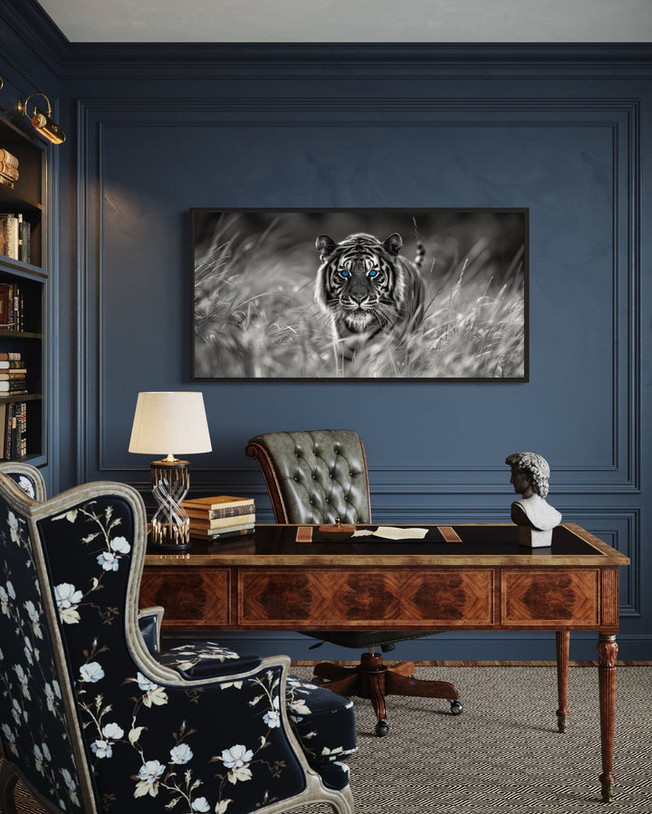 Tiger With Blue Eyes Black White Photography Framed Canvas Wall Art