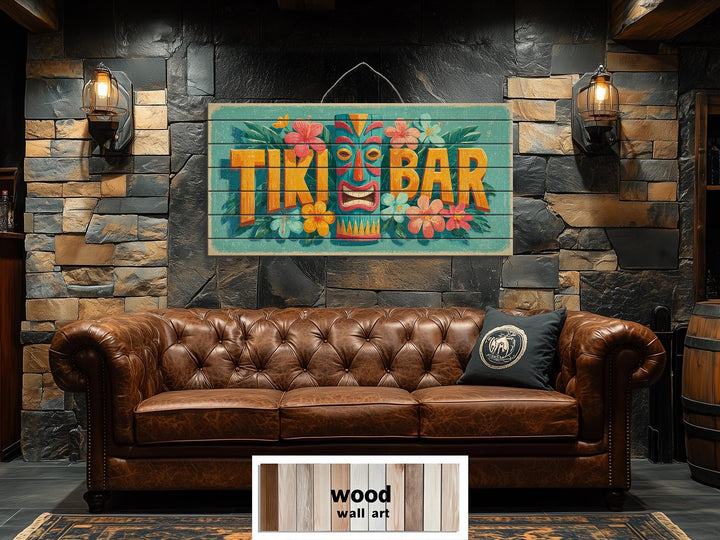 Tiki Bar wood wall art featuring a colorful tiki mask and tropical flowers on a stone wall.