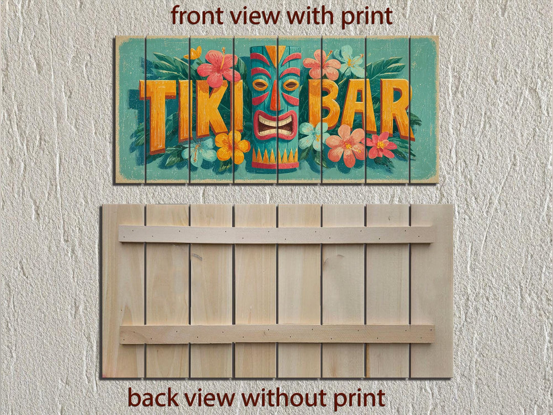 Front and back views of a horizontal Tiki Bar sign made of distressed wood planks with tropical art.