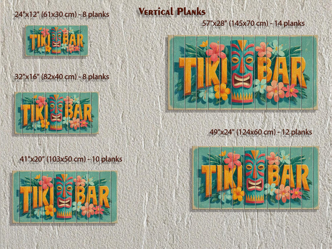 Five sizes of a distressed wood Tiki Bar sign featuring a tiki mask and tropical flowers.
