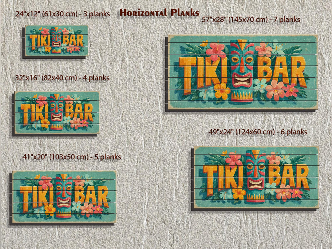Five sizes of a distressed wood Tiki Bar sign with tropical flowers and a tiki mask on a stone wall.