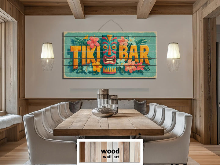 A colorful Tiki Bar wood plank sign hangs in a rustic dining room with a large wooden table.