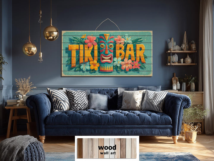 A horizontal distressed wood Tiki Bar sign with a colorful tiki mask and tropical flowers.