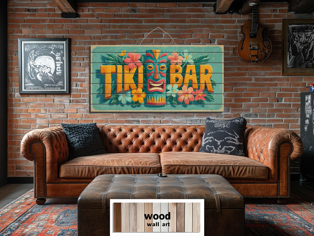 Tiki Bar sign on distressed wood planks featuring a tiki mask and tropical flowers on a brick wall.