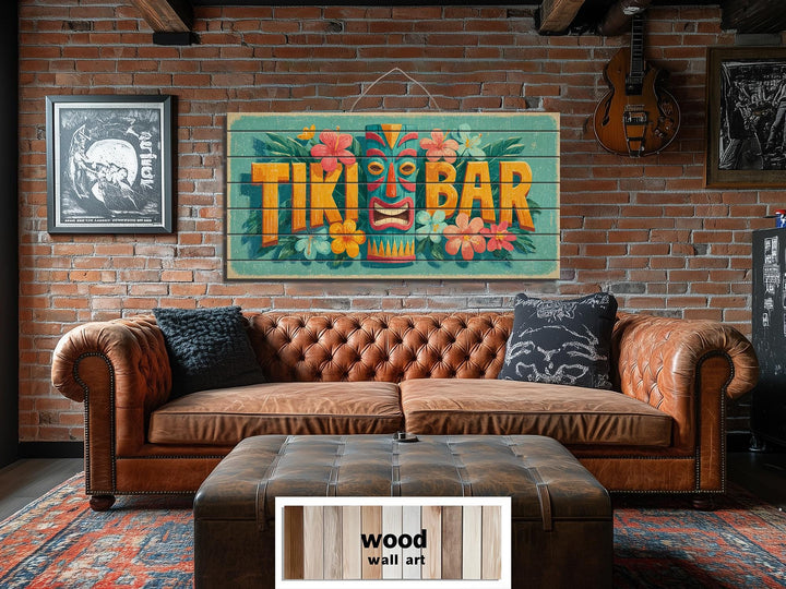 Tiki Bar sign on distressed wood planks featuring a tiki mask and tropical flowers on a brick wall.