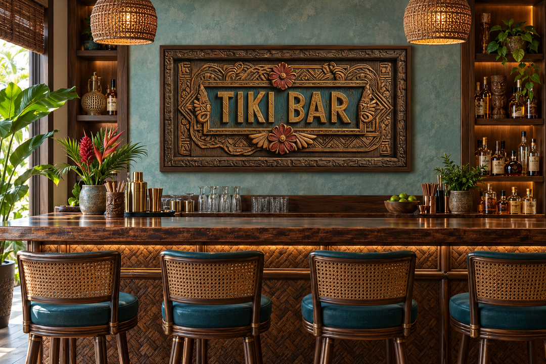 Tiki Bar framed sign canvas wall art hanging above a tropical home bar with bamboo stools.