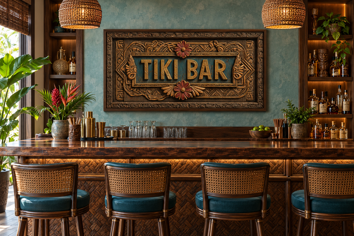 Tiki Bar framed sign canvas wall art hanging above a tropical home bar with bamboo stools.