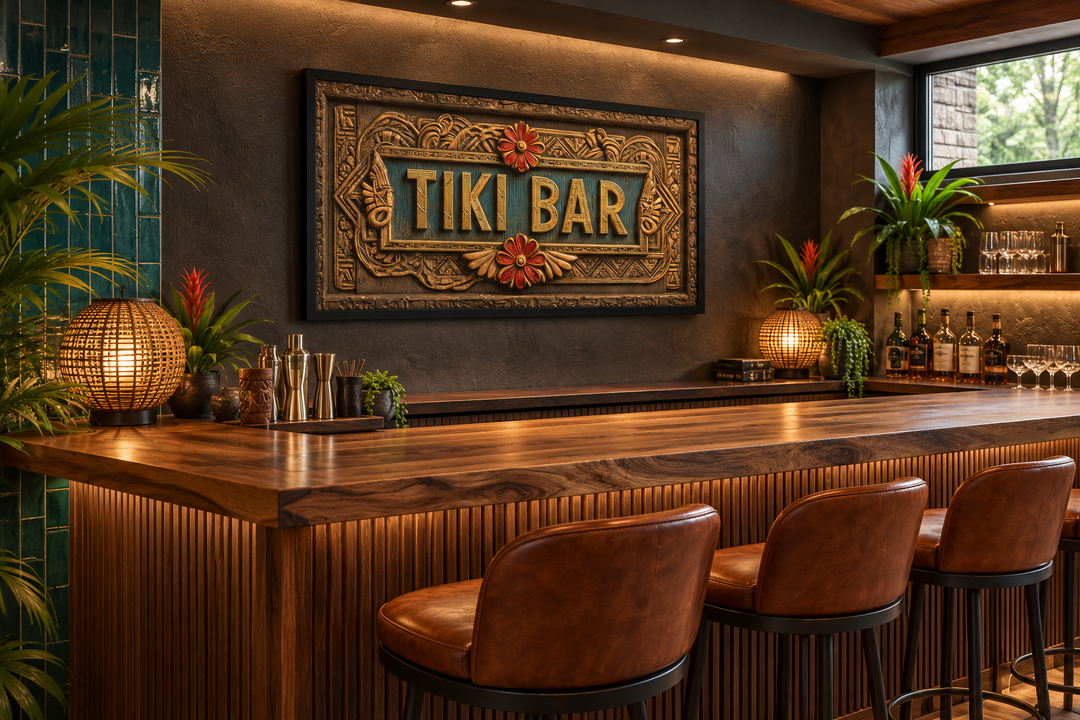 Tiki Bar framed canvas wall art above a wooden home bar with leather stools and tropical plants.