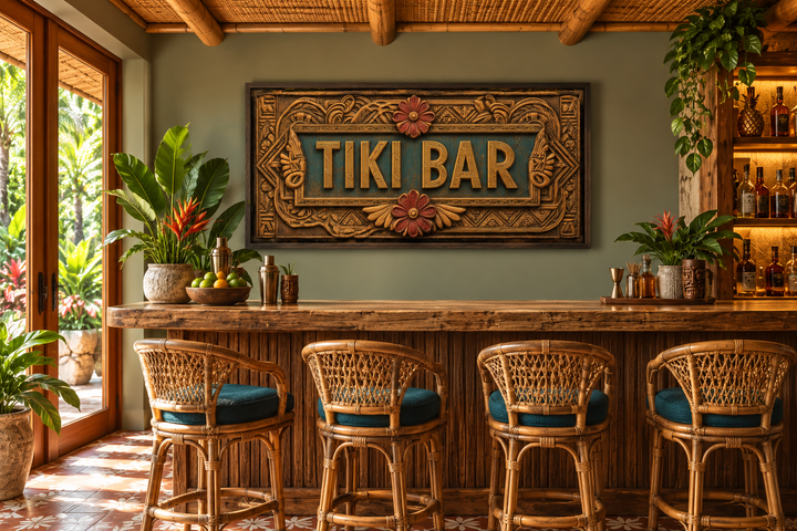 Tiki Bar framed sign canvas wall art hanging above a rustic wooden bar with rattan stools.