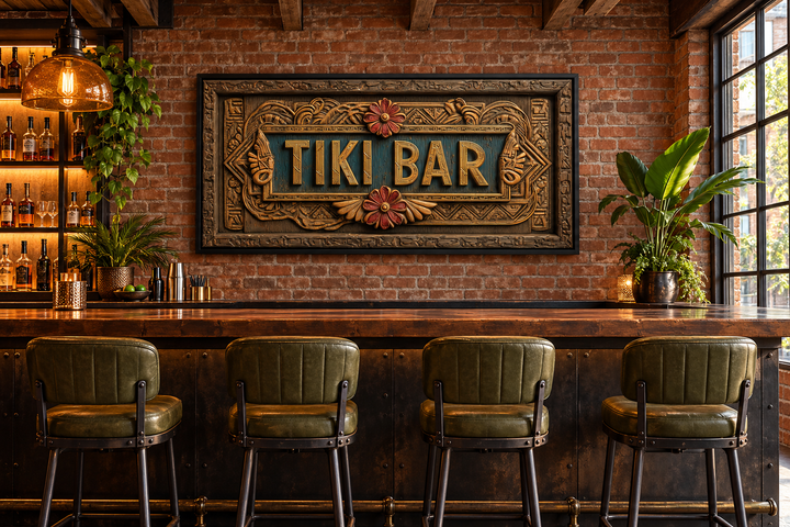 Tiki Bar Framed Sign Canvas Wall Art on a brick wall above a bar with green leather stools.