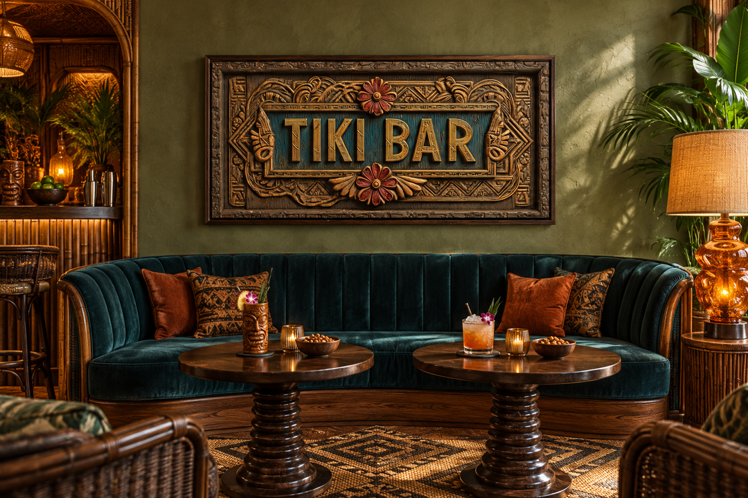 Tiki Bar framed sign canvas wall art with carved wood details above a dark teal velvet sofa.