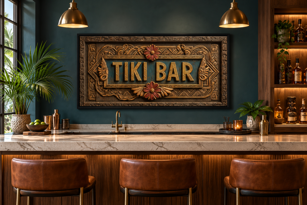 Tiki Bar framed canvas wall art with carved wood textures and retro lettering in a home bar setting.