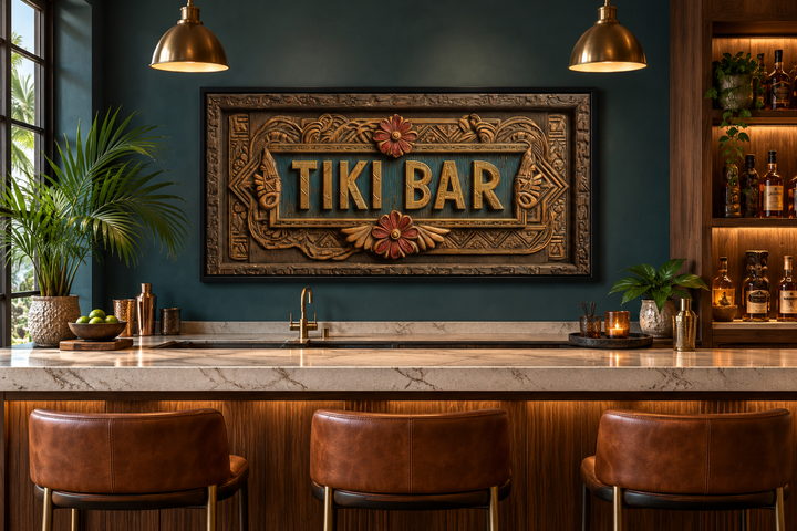Tiki Bar framed canvas wall art with carved wood textures and retro lettering in a home bar setting.