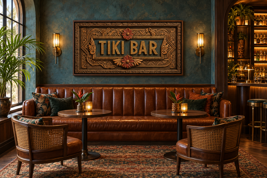 Tiki Bar framed canvas wall art with carved wood textures on a teal wall in a tropical lounge.