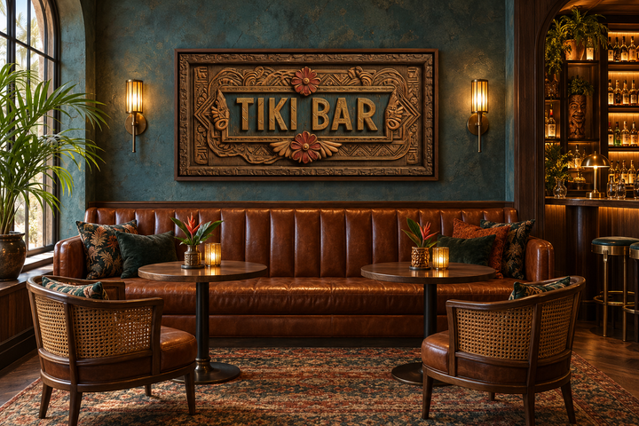 Tiki Bar framed canvas wall art with carved wood textures on a teal wall in a tropical lounge.