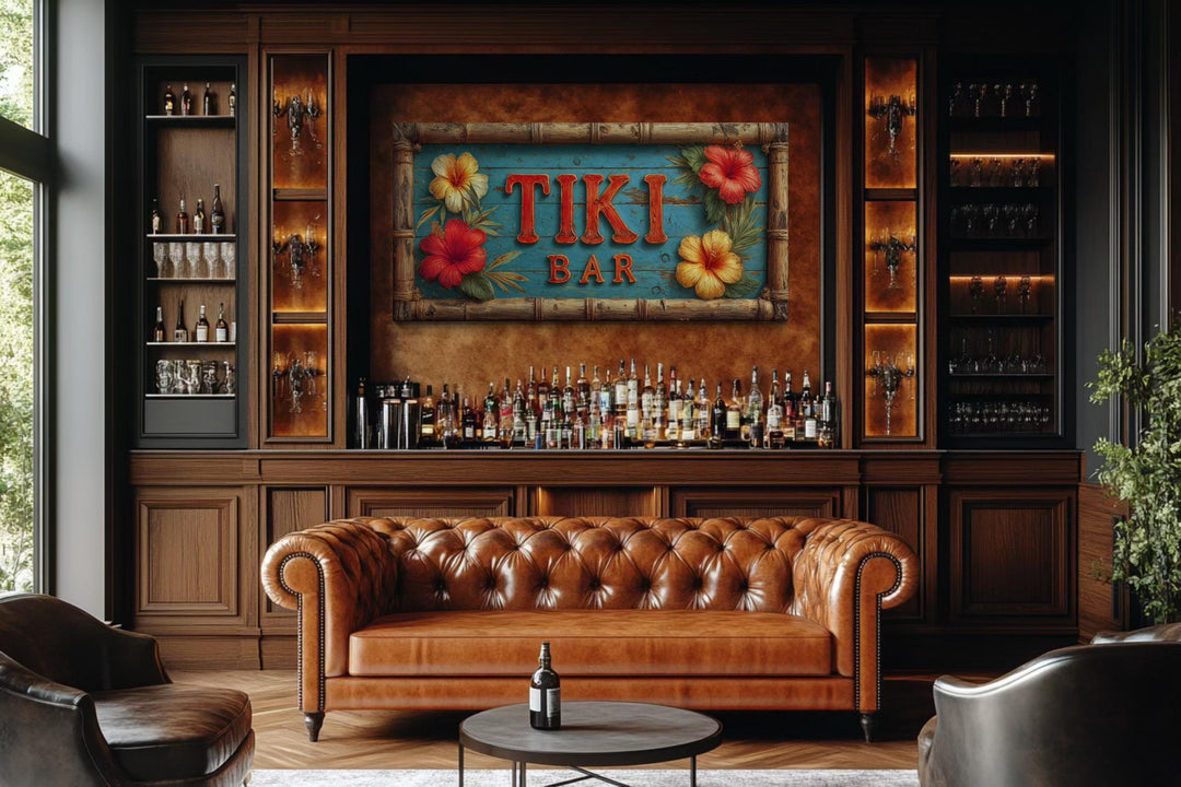 Tiki Bar wall art canvas print with tropical hibiscus flowers displayed in a home bar setting.