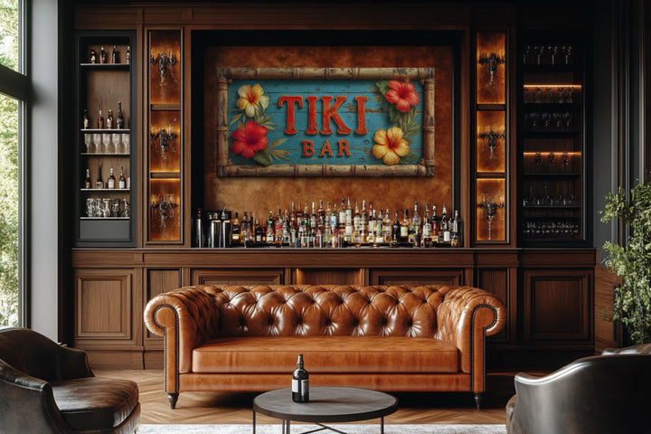 Tiki Bar wall art canvas print with tropical hibiscus flowers displayed in a home bar setting.