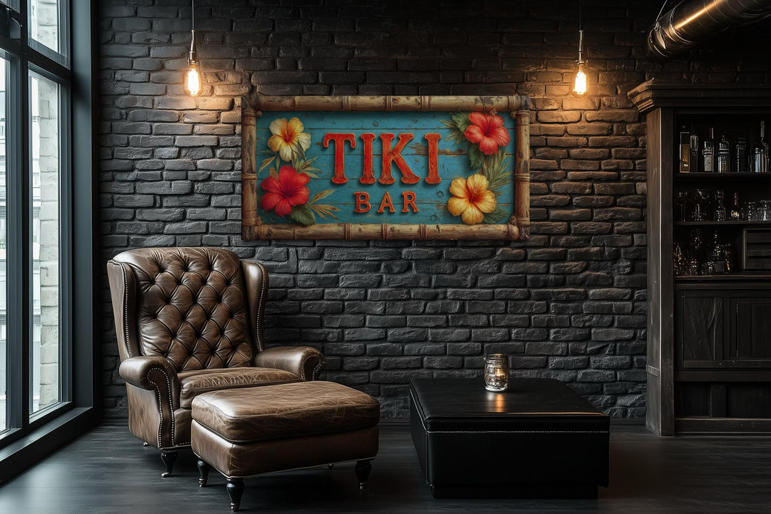Tiki Bar wall art canvas print featuring tropical hibiscus flowers on a weathered blue wood sign.