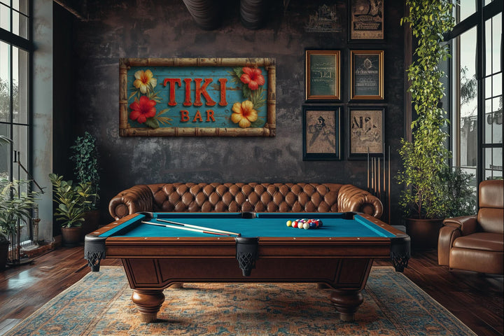 Tiki Bar wall art canvas print featuring tropical hibiscus flowers and a weathered wood texture.