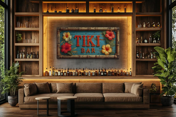 Tiki Bar wall art canvas print featuring tropical hibiscus flowers and a weathered wood texture.