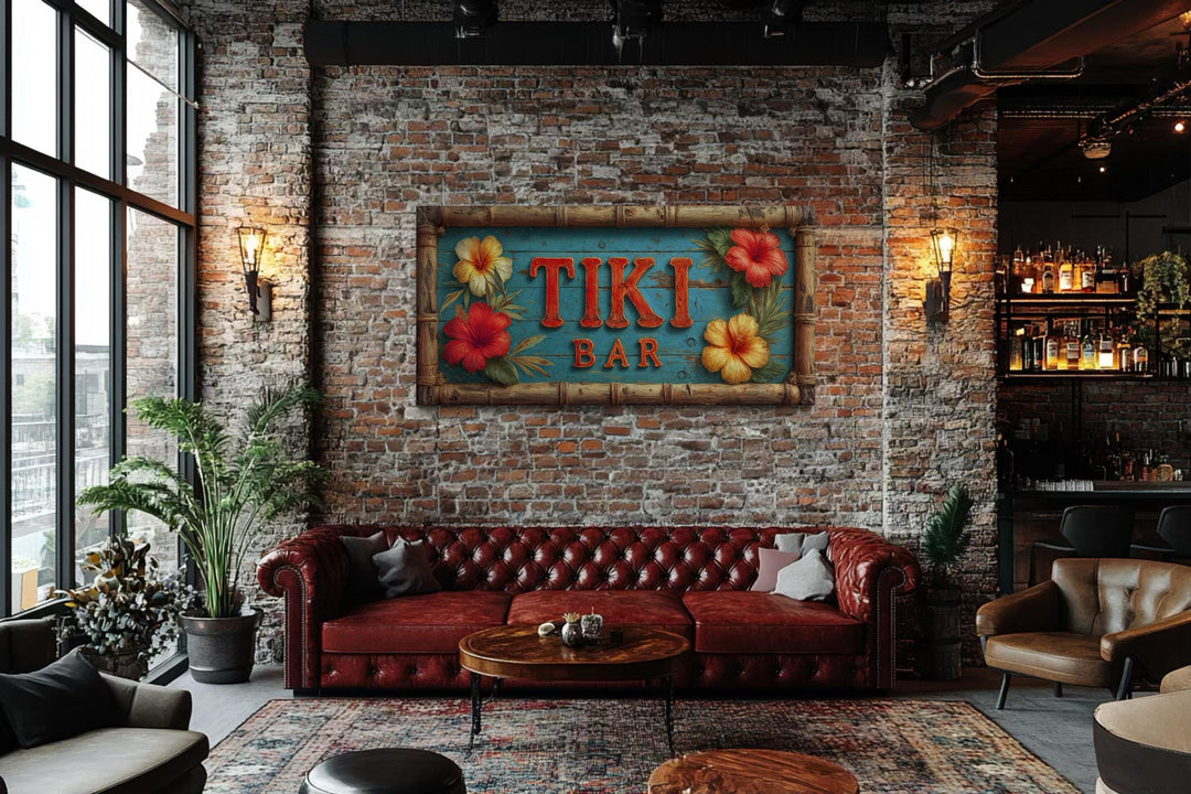 Tiki Bar wall art canvas print featuring tropical hibiscus flowers on a brick wall.